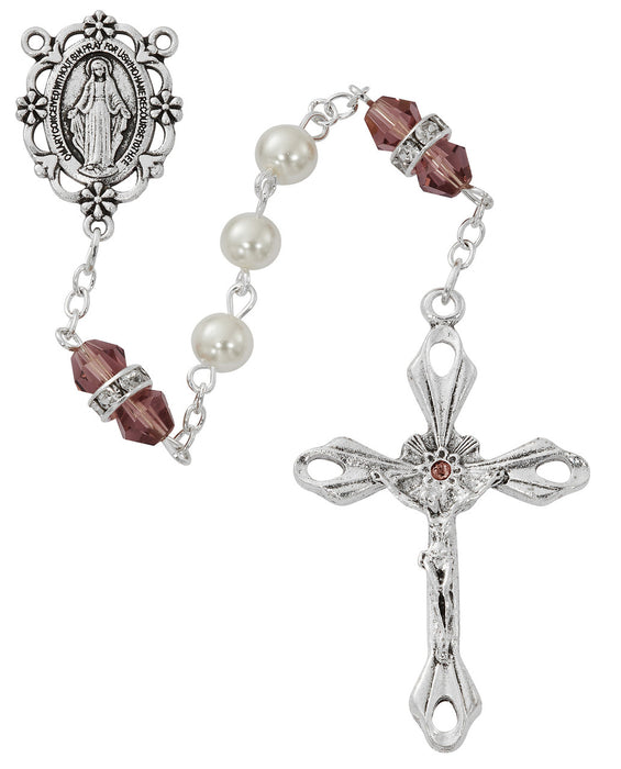 Cross Necklace, Pearl Rosary Bracelet And Pearl Rosary - February Birthstone Amethyst Gift Set