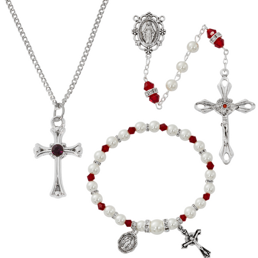 Cross Necklace, Pearl Rosary Bracelet And Pearl Rosary - January Birthstone Garnet Gift Set