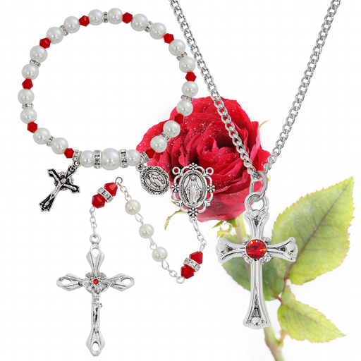 Cross Necklace, Pearl Rosary Bracelet And Pearl Rosary - July Birthstone Ruby Gift Set