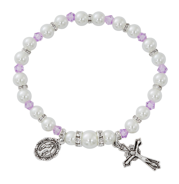 Cross Necklace, Pearl Rosary Bracelet And Pearl Rosary - June Birthstone Light Amethyst Gift Set