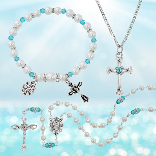 Cross Necklace, Pearl Rosary Bracelet And Pearl Rosary - March Birthstone Aqua Gift Set
