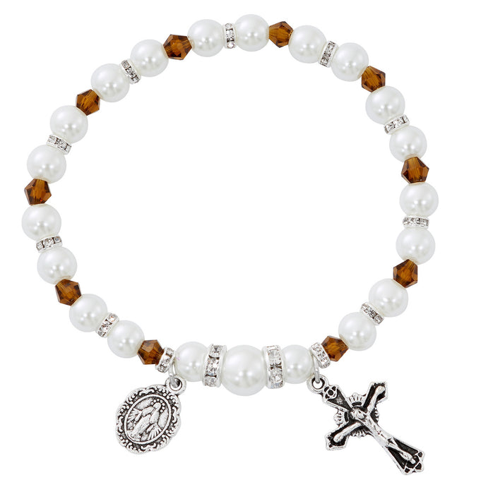 Collar con cruz, pulsera de rosario de perlas y rosario de perlas - Set de regalo con topacio y piedra natal de noviembre