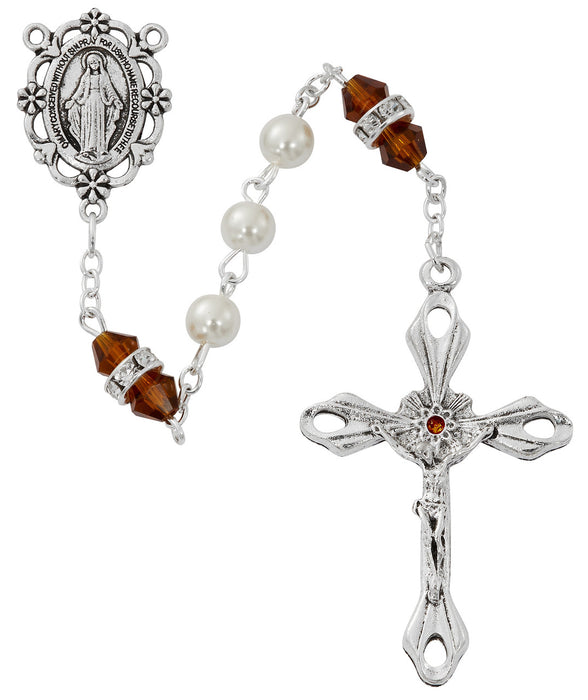 Collar con cruz, pulsera de rosario de perlas y rosario de perlas - Set de regalo con topacio y piedra natal de noviembre