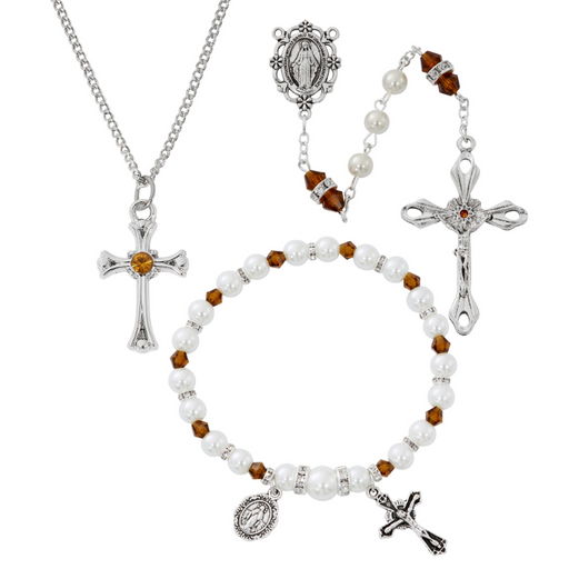 Cross Necklace, Pearl Rosary Bracelet And Pearl Rosary - November Birthstone Topaz Gift Set