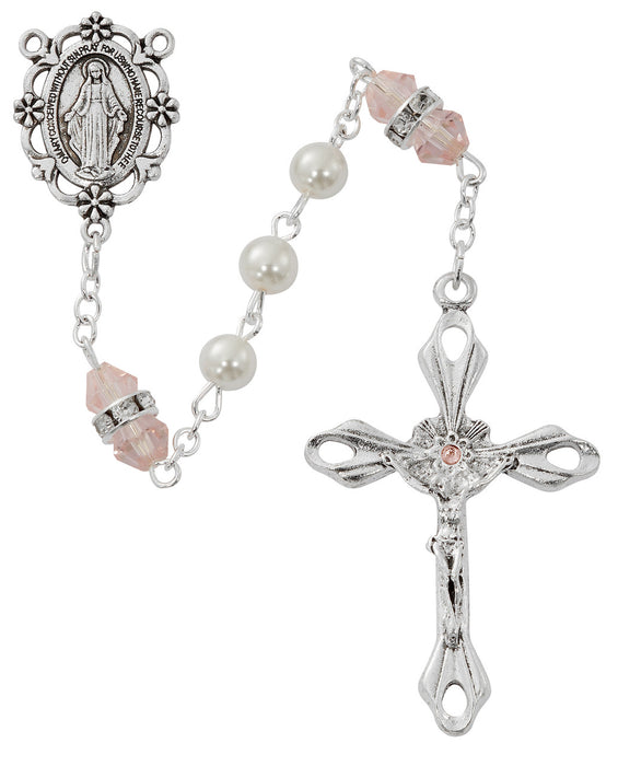 Collar con cruz, pulsera de rosario de perlas y rosario de perlas - Set de regalo con rosa con piedra natal de octubre