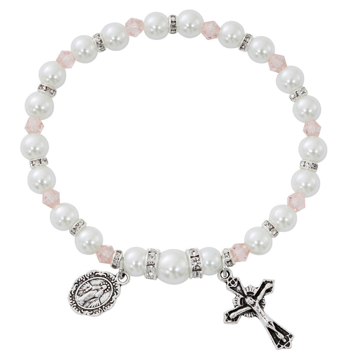 Collar con cruz, pulsera de rosario de perlas y rosario de perlas - Set de regalo con rosa con piedra natal de octubre