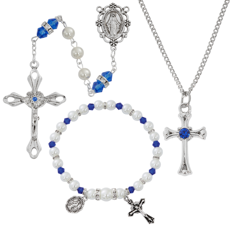 Cross Necklace, Pearl Rosary Bracelet And Pearl Rosary - September Birthstone Sapphire Gift Set