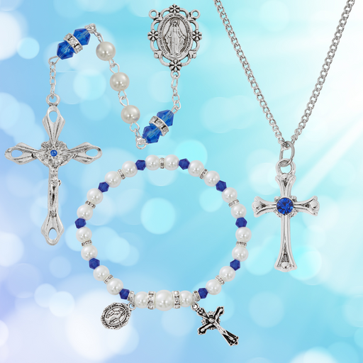 Cross Necklace, Pearl Rosary Bracelet And Pearl Rosary - September Birthstone Sapphire Gift Set