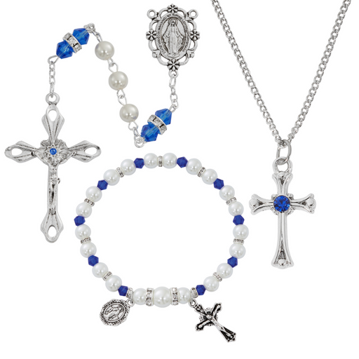Cross Necklace, Pearl Rosary Bracelet And Pearl Rosary - September Birthstone Sapphire Gift Set