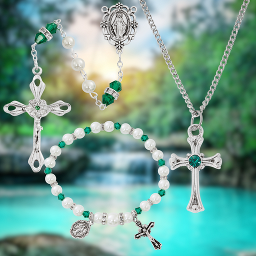 Cross Necklace, Pearl Rosary Bracelet And Pearl Rosary - May Birthstone Emerald Gift Set