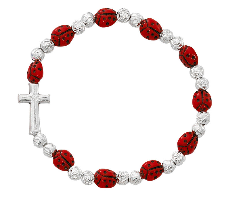 Crystal Cross Heart Necklace, Red Lady Bug Rosary, Lady Bug Cross Bracelet And Girl White Cross - Girls Youth Gift Set
