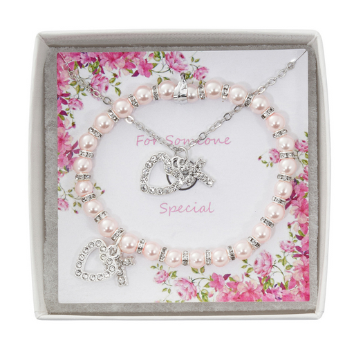Crystal & Pink Pearl Stretch Bracelet with Crystal Cross and Heart Necklace Set