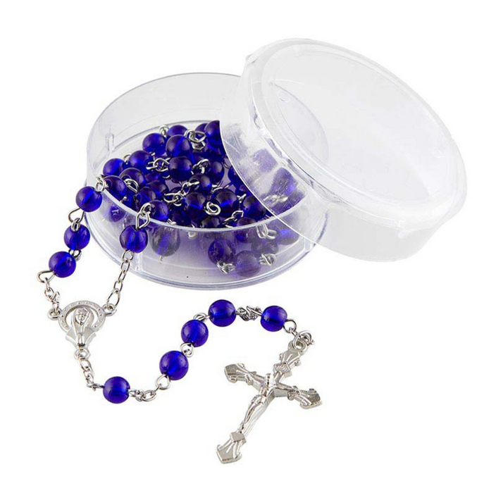 Dark Blue Glass Bead Rosary with Madonna Centerpiece - 12 Pieces Per Package