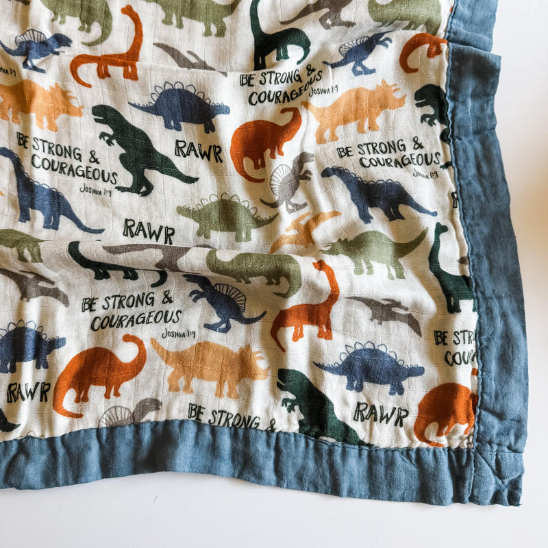 Dinosaurs "Be Strong and Courageous" Luxury Double Sided Muslin Catholic Blanket