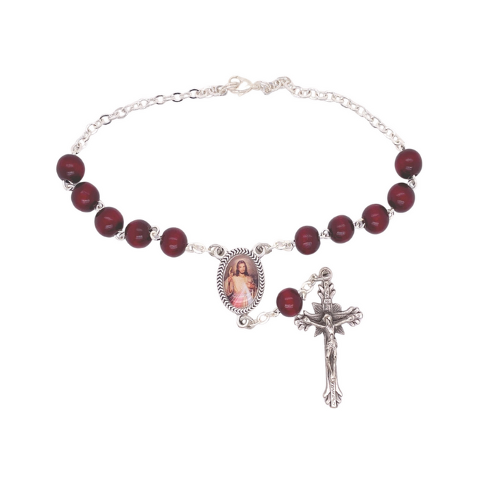 Divine Mercy Auto Rosary with 8mm Red Wood Beads