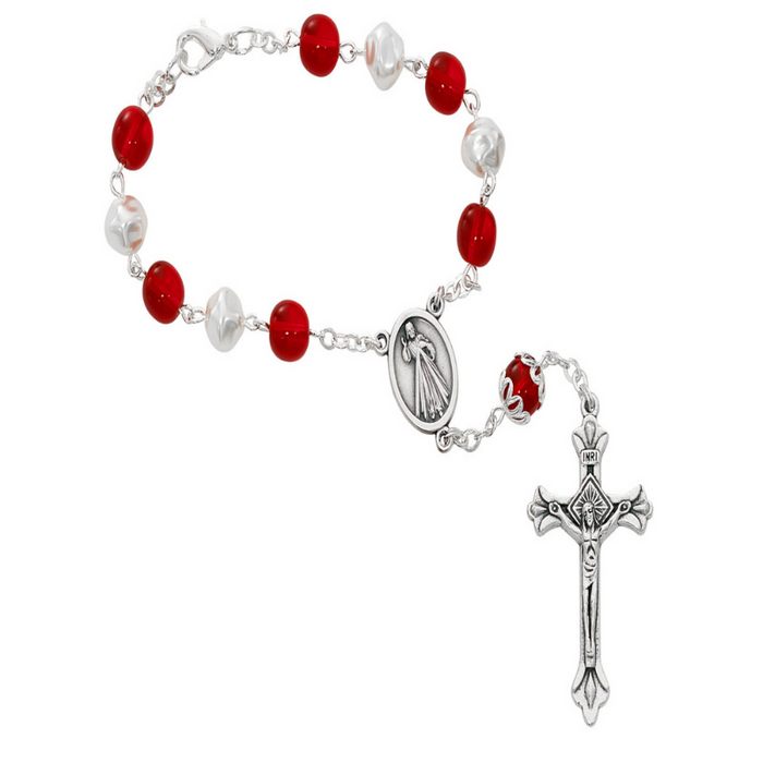Divine Mercy Auto Rosary with 8mm Red and White Beads
