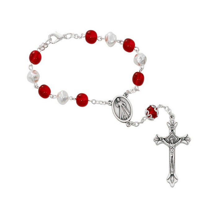 Divine Mercy Auto Rosary with 8mm Red and White Beads