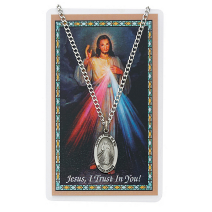 Divine Mercy Medal with 24" Chain and Laminated Holy Card Set