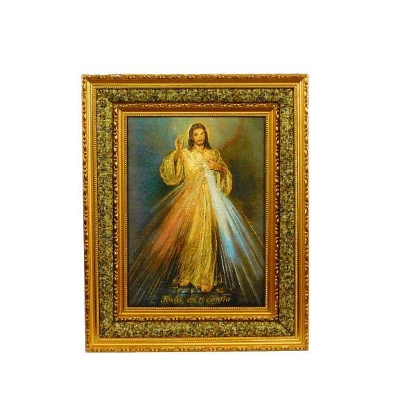 Divine Mercy Framed Embroidered Art – Double Padded Religious Wall Décor (17" x 21") – Gold Frame, Ready to Hang