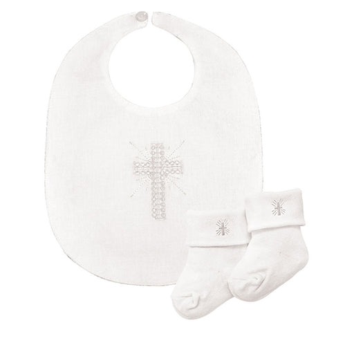 6-12 Months White Embroidered Cross Bib & Lace Sock Set