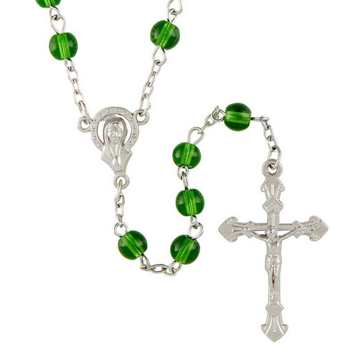 Emerald Glass Bead Rosary with Madonna Centerpiece - 12 Pieces Per Package