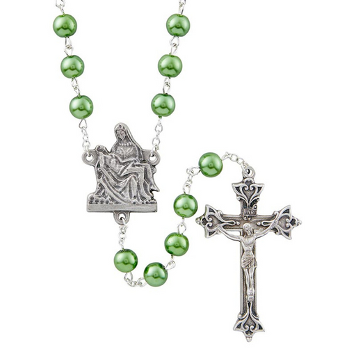 Emerald Glass Pearl Beads Rosary with Pieta Centerpiece - 3 Pieces Per Package