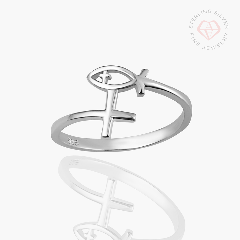 Ichthys + Cross Ring- Sterling Silver (Made to Order Ships in 2-3 weeks)