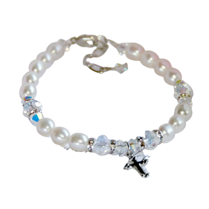 First Communion Bracelet with Freshwater Pearls and Crystals