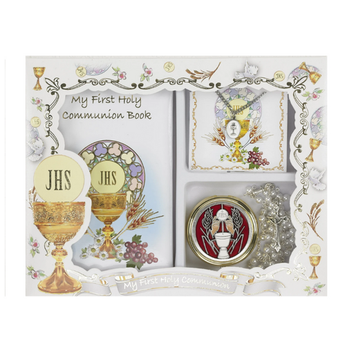 First Communion Gift Set with Book, Necklace, Enameled Rosary Case and Rosary - Girl