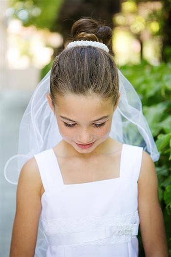 First Communion Bun Veil with All-Over Pearls – Long White Veil for Girls – Lower Back Length
