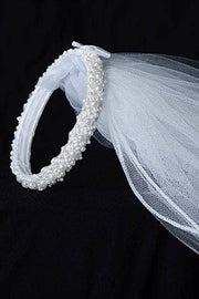 First Communion Bun Veil with All-Over Pearls – Long White Veil for Girls – Lower Back Length