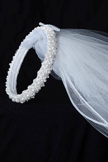 First Communion Bun Veil with All-Over Pearls – Long White Veil for Girls – Lower Back Length