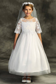 First Communion Cording Lace Waterfall Dress – Half-Sleeve Full-Length A-Line Girls Communion Gown with Satin Lining