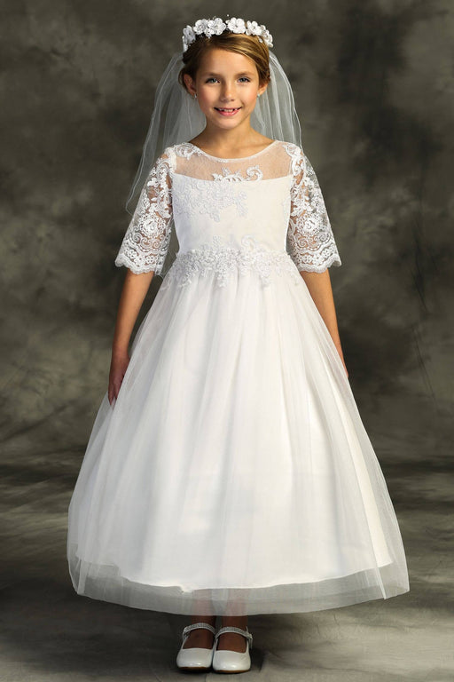 First Communion Cording Lace Waterfall Dress – Half-Sleeve Full-Length A-Line Girls Communion Gown with Satin Lining