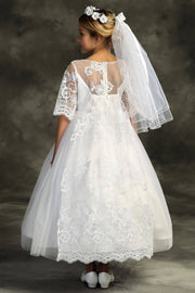First Communion Cording Lace Waterfall Dress – Half-Sleeve Full-Length A-Line Girls Communion Gown with Satin Lining