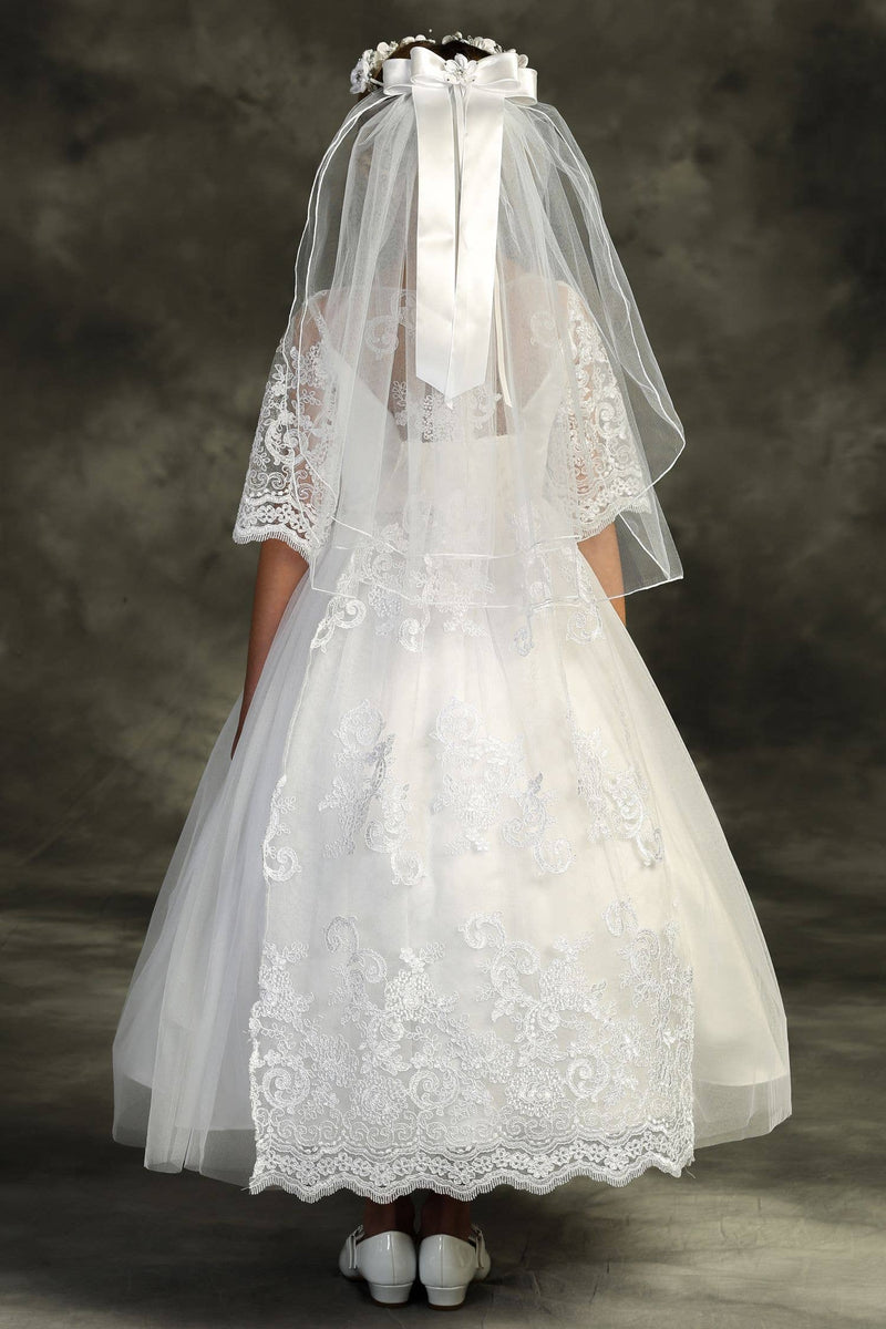 First Communion Cording Lace Waterfall Dress – Half-Sleeve Full-Length A-Line Girls Communion Gown with Satin Lining
