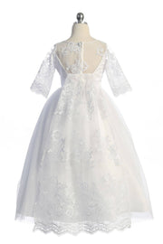 First Communion Cording Lace Waterfall Dress – Half-Sleeve Full-Length A-Line Girls Communion Gown with Satin Lining