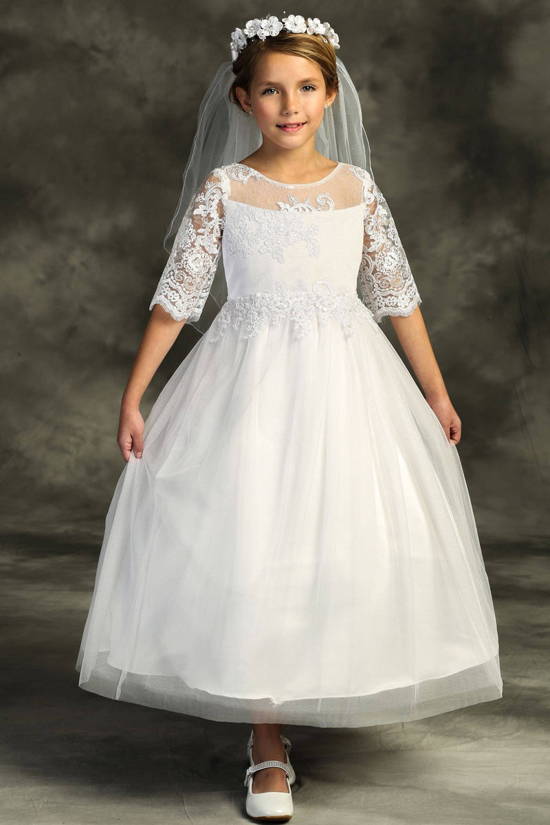 First Communion Cording Lace Waterfall Dress – Half-Sleeve Full-Length A-Line Girls Communion Gown with Satin Lining