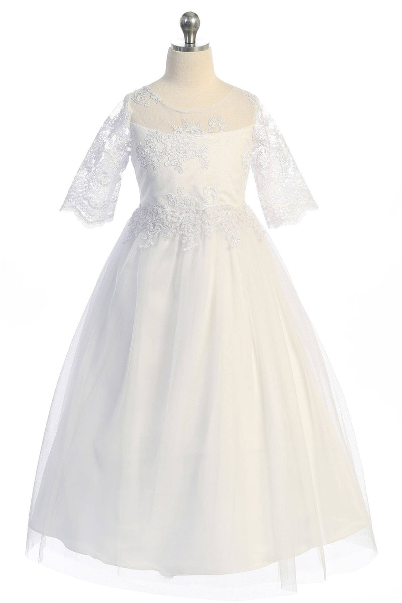 First Communion Cording Lace Waterfall Dress – Half-Sleeve Full-Length A-Line Girls Communion Gown with Satin Lining