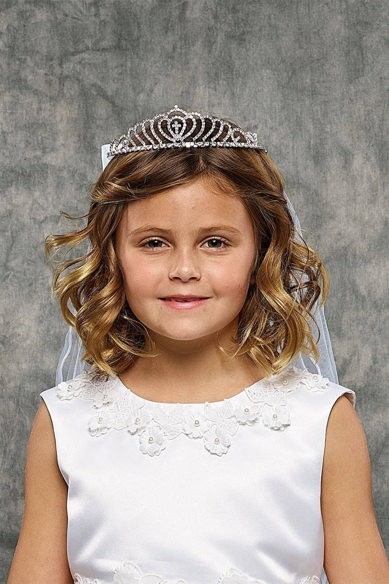 First Communion Cross Crown Veil – White Tiara Veil for Girls – Elegant Polyester Headpiece