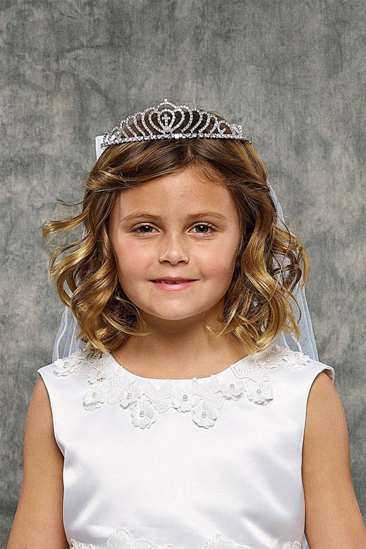First Communion Cross Crown Veil – White Tiara Veil for Girls – Elegant Polyester Headpiece