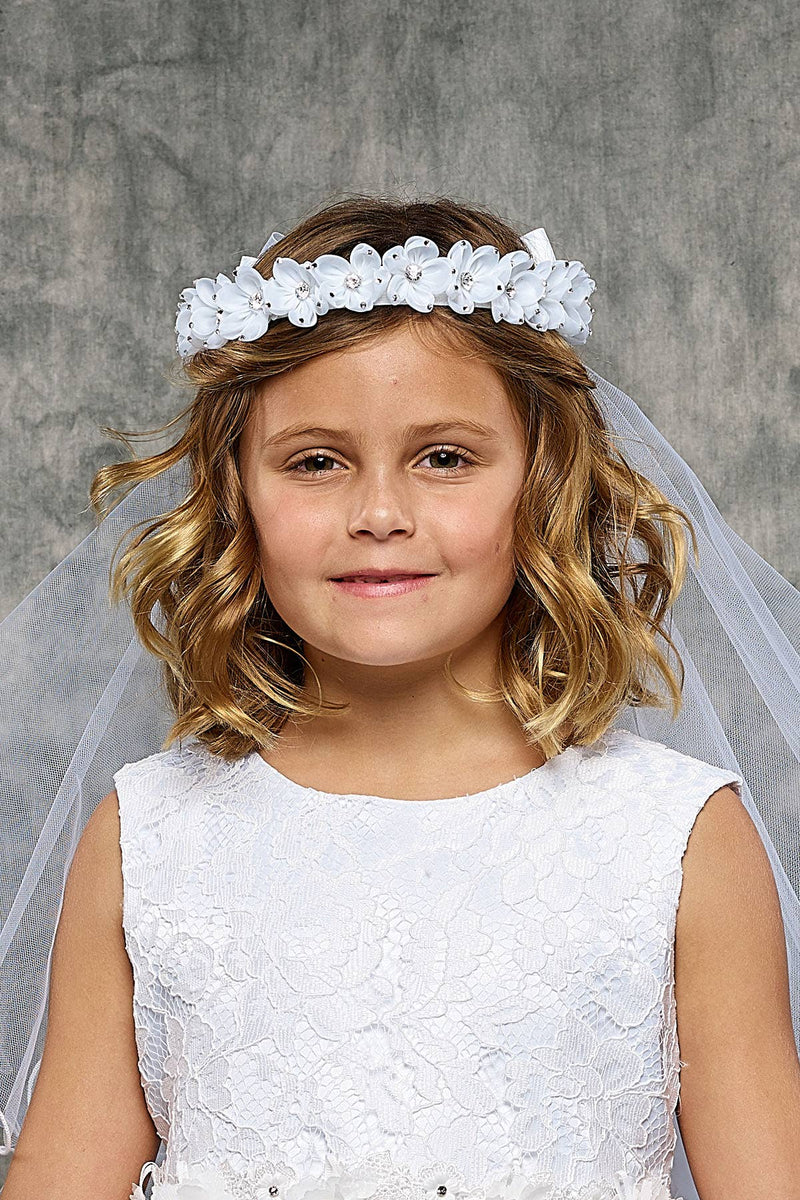First Communion Gem Flower Crown Veil – White Veil with Bow and Comb – 21 Inch Handmade Headpiece