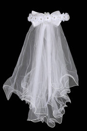 First Communion Gem Flower Crown Veil – White Veil with Bow and Comb – 21 Inch Handmade Headpiece 4