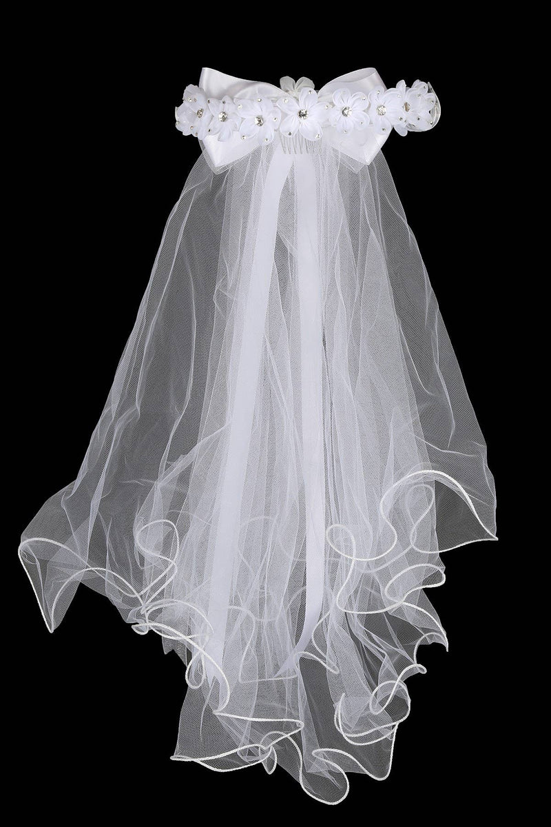 First Communion Gem Flower Crown Veil – White Veil with Bow and Comb – 21 Inch Handmade Headpiece 4