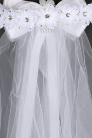 First Communion Gem Flower Crown Veil – White Veil with Bow and Comb – 21 Inch Handmade Headpiece