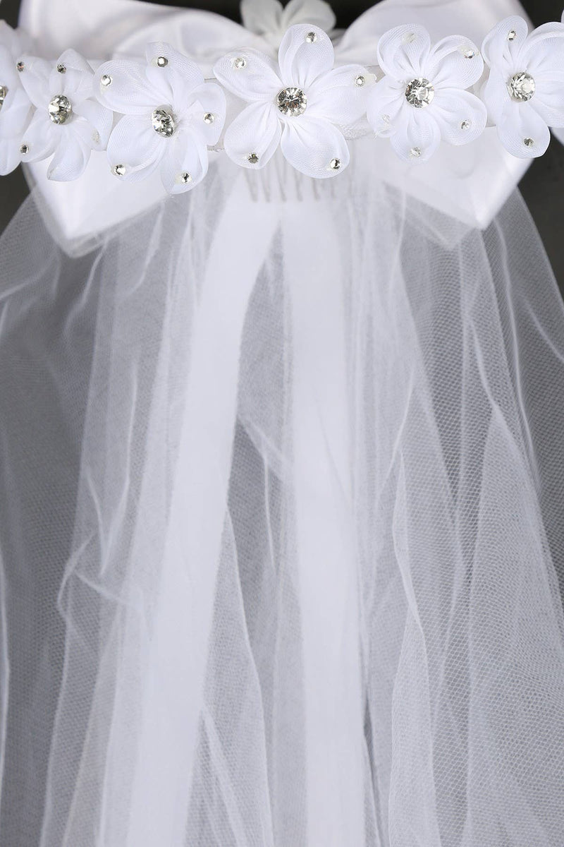 First Communion Gem Flower Crown Veil – White Veil with Bow and Comb – 21 Inch Handmade Headpiece