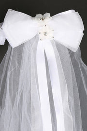 First Communion Gem Flower Crown Veil – White Veil with Bow and Comb – 21 Inch Handmade Headpiece