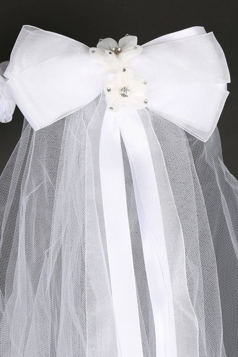 First Communion Gem Flower Crown Veil – White Veil with Bow and Comb – 21 Inch Handmade Headpiece