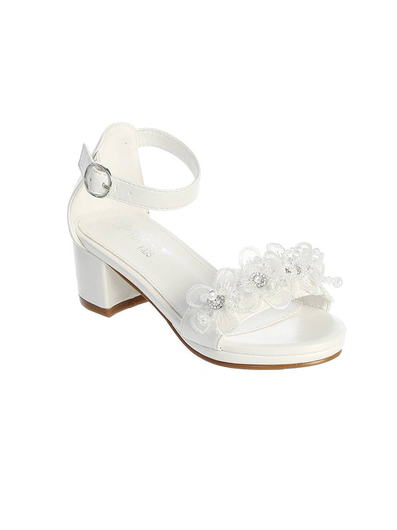 First Communion Girls Matte Block Heels with Flower Embellishment – White Formal Shoes for Special Occasions