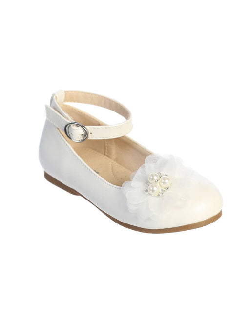First Communion Matte Flats with Layered Mesh Flower – Pearl and Rhinestone Accents – Buckle Closure – Ivory or White